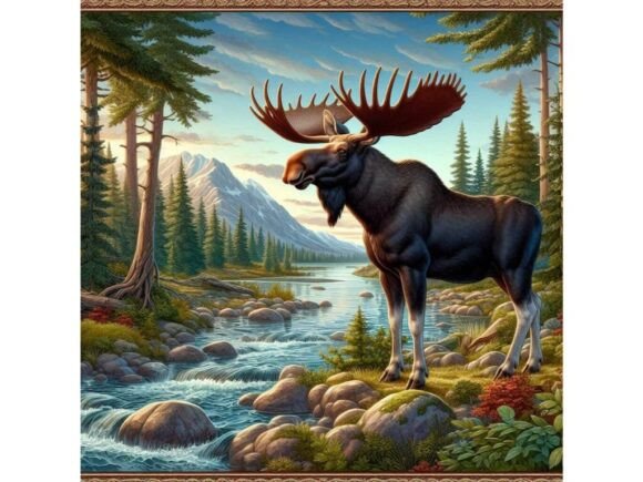 Download Regal Moose Standing by a Forest River. - Moose Collection