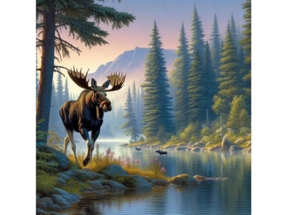 Download Moose Walking Along a Forested Lake in T - Moose Collection